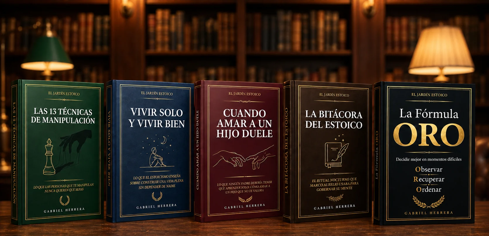 Los cinco libros de El Jardín Estoico de Gabriel Herrera sobre una mesa de biblioteca